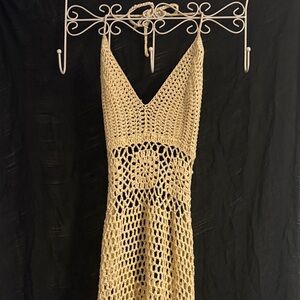 Crochet Knit Floral Backless Halter Cream Tan Beach Pool Cover Up Mini Dress
